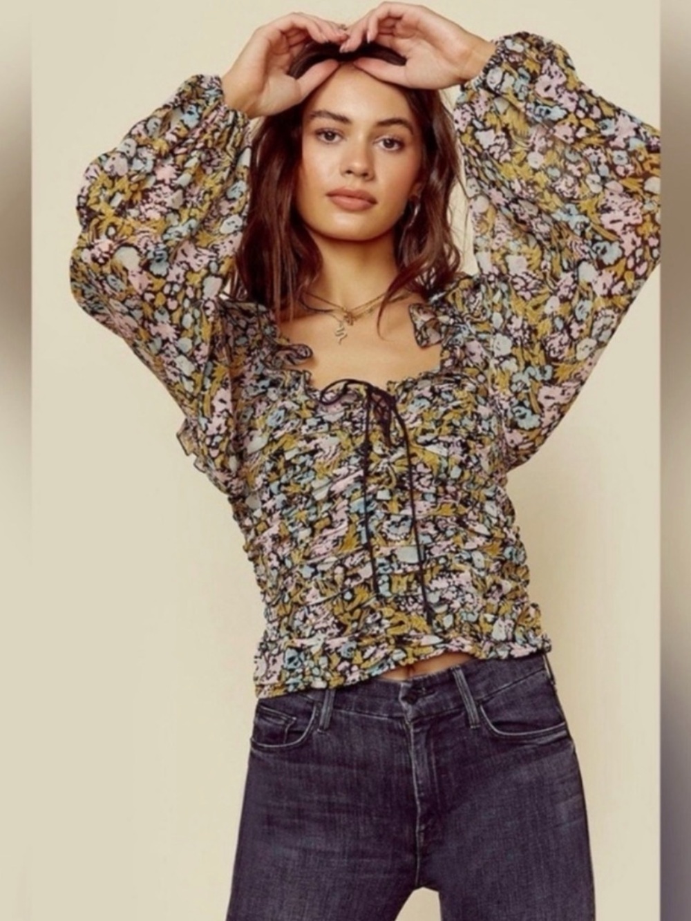 Free People Dark Floral Lace Up Ruched Sheer Bishop Sleeve Top
